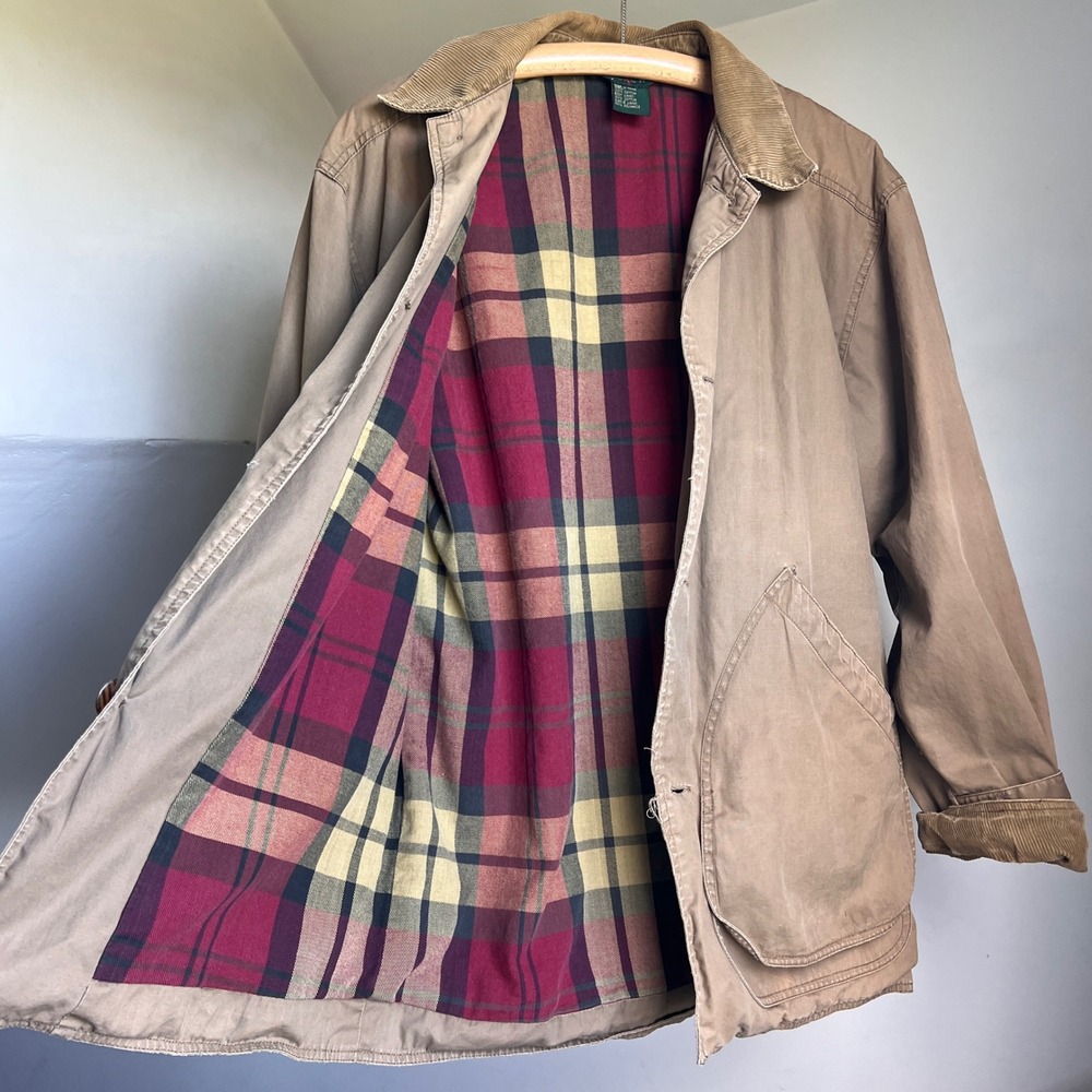 Vintage J.Crew Barn Jacket Small Tan Plaid Corduroy Collar Chore 90s Oarsman - Picture 2 of 8